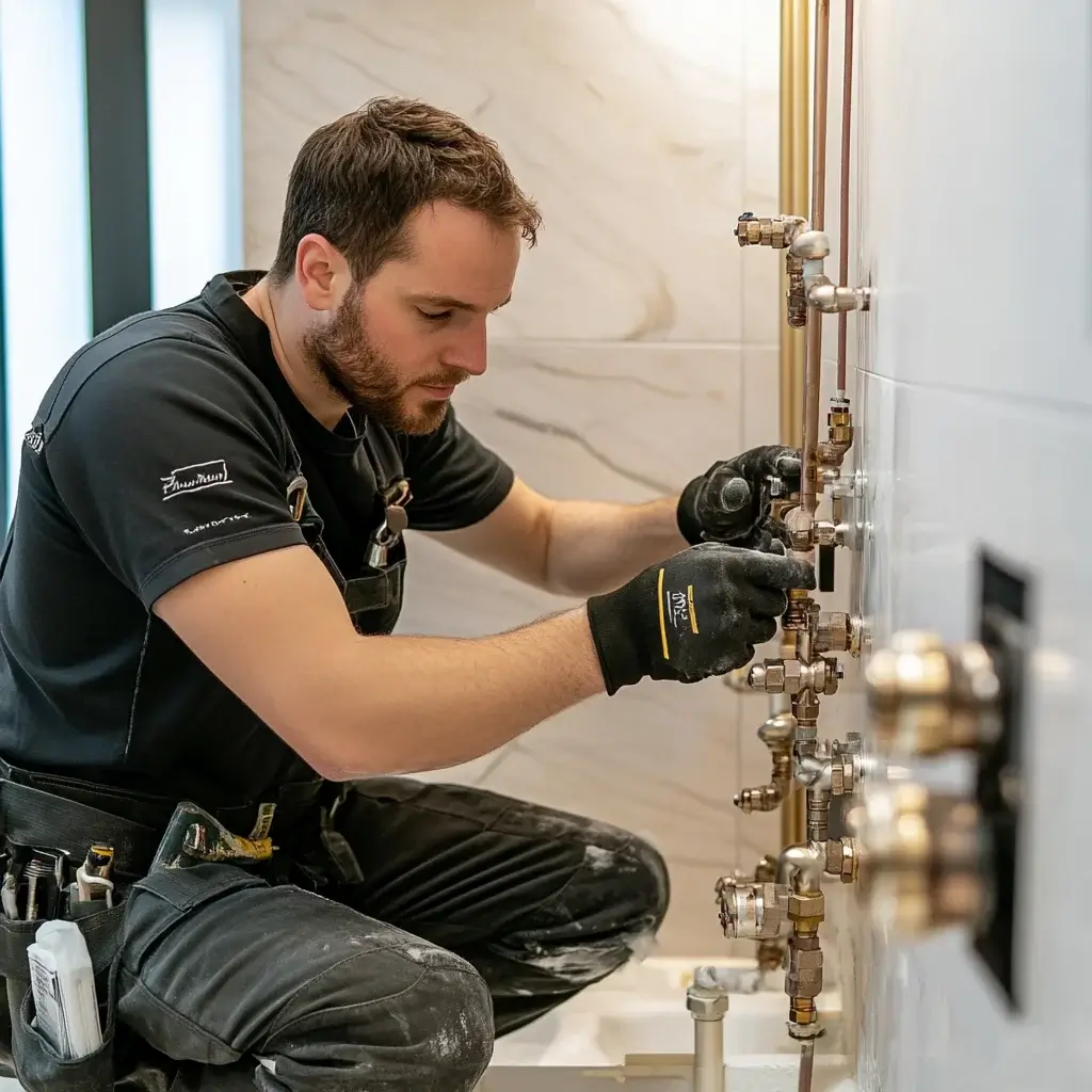 Der Installateur von Rohrfrei Macher arbeitet im Badezimmer