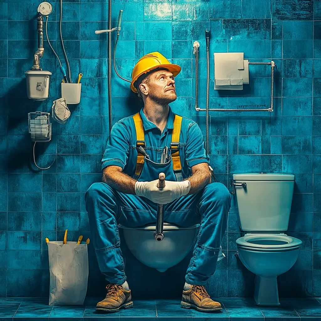 Der Installateur von Rohrfrei Macher sitzt im Badezimmer.