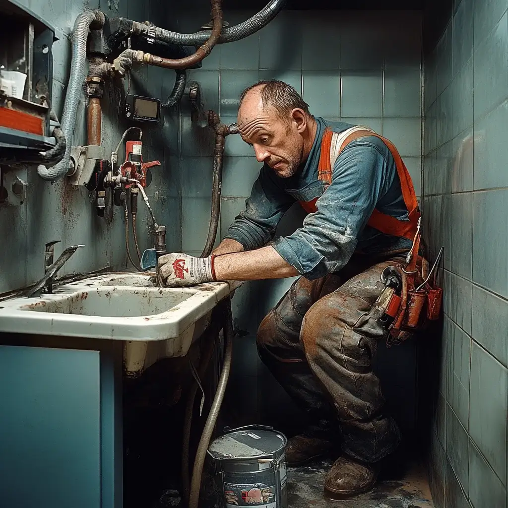 Der Installateur von Rohrfrei Macher arbeitet im Badezimmer